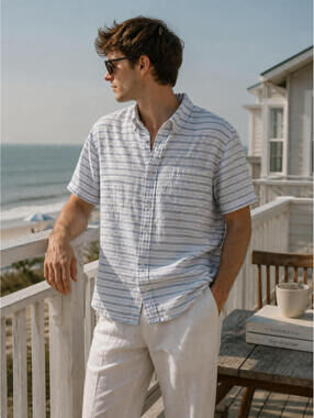 Weatherproof Linen Shirt Men XL Blue White Coastal Light Academia Preppy Stripes